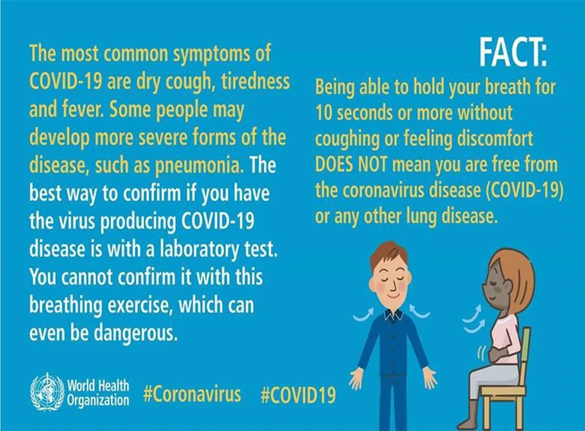 Fact: Being able to hold your breath for 10 seconds or more without coughing or feeling discomfort  DOES NOT mean you are free from the coronavirus (COVID-19) [infographic]